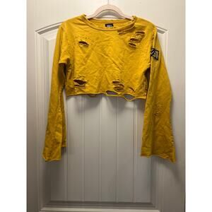 LF Women’s Crew Neck Distressed Long Sleeve Pullover Cropped Top Size S Yellow
